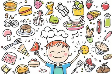Cartoon cute doodles of a kid daydreaming about becoming a world-famous chef and cooking delicious meals for everyone, Generative AI