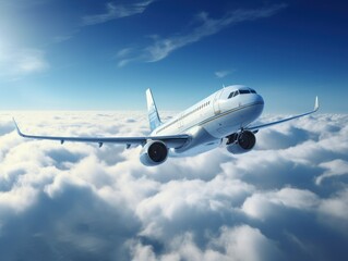 the plane flies above the clouds in the blue sky. concept vacation, vacation, sea, weekend, travel, tourism, fly