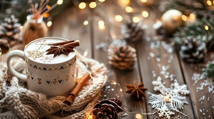 Wintry scene with a cup of coffee, cinnamon sticks, anise stars, pine cones, and fairy lights on a wooden table covered with snow.