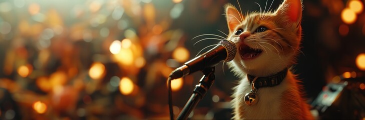 Funny cat singing and holding a microphone. Created with Generative AI. - obrazy, fototapety, plakaty