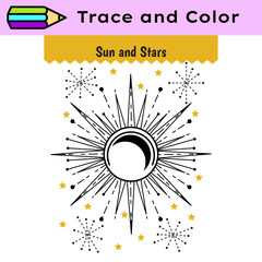 Pen tracing lines activity worksheet for children. Pencil control for kids practicing motoric skills. Sun and stars educational printable worksheet. Vector illustration. - 747824059