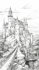 vertical black and white coloring. medieval castle. coloring concept, black and white, cartoon, towers, medieval, castles, children's books
