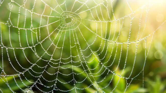 Delicate and detailed cobweb with morning dew glistening in the sunlight against a blurry background of green foliage.