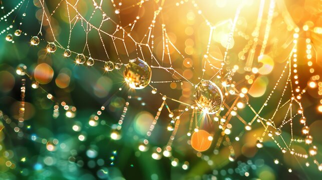 Delicate and detailed close-up of a wet spider web in the morning sun with a blurred background of green and yellow bokeh.