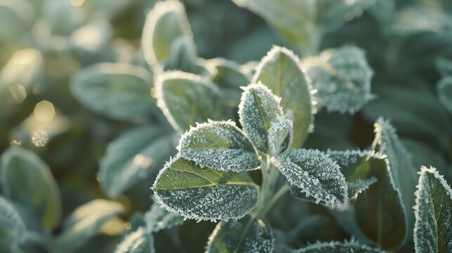 Close-up of green leaves covered with white frost in the morning sun. The image is taken at a low angle, with the leaves arranged in a radial pattern.