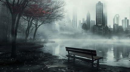 Moody portrayal of a city park, once a place of refuge, now deserted and overtaken by toxic fog - obrazy, fototapety, plakaty