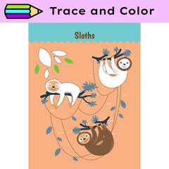 Pen tracing lines activity worksheet for children. Pencil control for kids practicing motoric skills. Sloths educational printable worksheet. Vector illustration. - 747824238