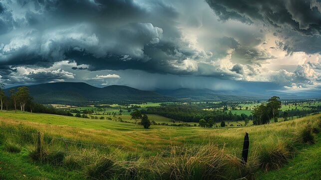 A beautiful landscape image of a green field with a stormy sky.