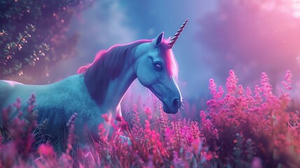 majestic unicorn with blue fur and pink mane stands in a field of pink flowers. the unicorn is looking at the camera with a soft expression.
