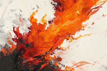 abstract expression of fiery passion, with bold strokes of red and orange paint seemingly in motion against a stark white canvas