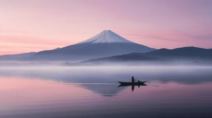 Wandaufkleber beautiful morning landscape on the river with a view of a mountain in China and a boat with sailors in pastel colors of lilac © Aksana