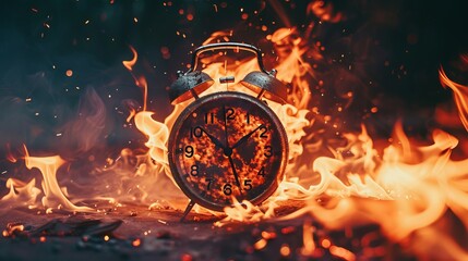 Alarm clock on fire. Concept of deadline pressure or time out. a burning clock that represents a sizzling deal, discounts, a countdown, and shopping time. Overslumber and inefficiency