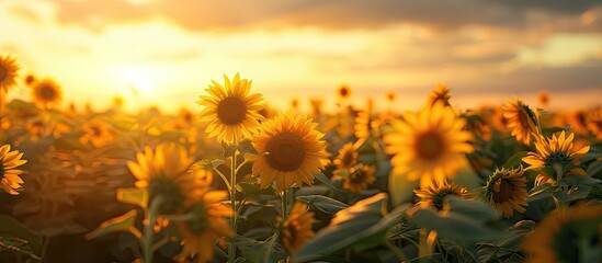A field of sunflowers bathed in the golden light of the setting sun. The sunflowers stand tall, their bright yellow petals contrasting against the deep orange sky.