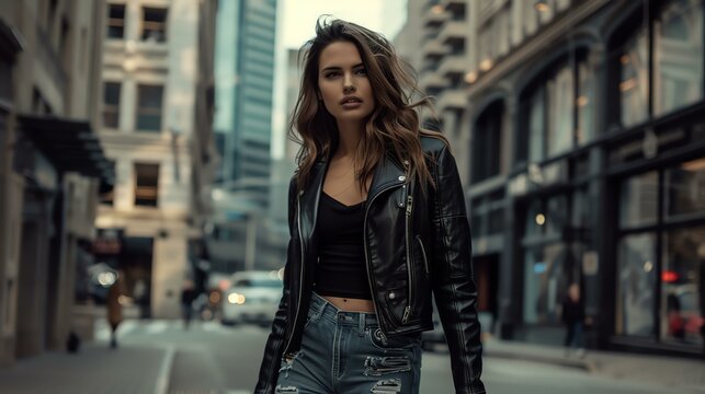 A young woman in a black leather jacket walks down a city street. She is wearing a black tank top and blue jeans.