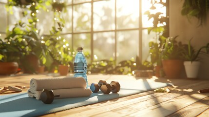 Image of a yoga mat with a water bottle and dumbbells on it. The yoga mat is placed in a bright room with windows in the background.