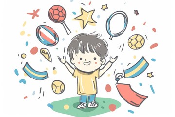 Cartoon cute doodles of a kid daydreaming about becoming a professional athlete and winning Olympic gold medals, Generative AI