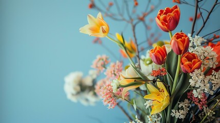 A beautiful bouquet of flowers in a vase. The flowers are mostly red, orange, and yellow, with some white and green foliage. - obrazy, fototapety, plakaty