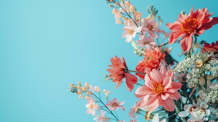 A beautiful bouquet of pink and white flowers against a blue background. The perfect image for a spring or summer day.