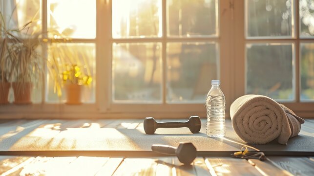 Fitness equipment and water bottle on a yoga mat in a sunlit room. The image is simple and clean, with a focus on the fitness equipment.