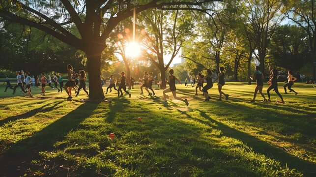 People of all ages enjoy a group fitness class in the park. They are surrounded by lush trees and green grass.