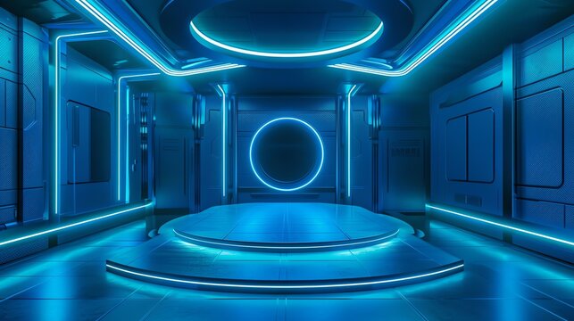 3D rendering of a futuristic empty stage. Glowing blue neon lights illuminate the dark room. Perfect for a product launch or fashion show.