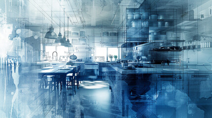 Surreal image of a blueprint overlaying a bustling kitchen, merging the planning phase with the chaos of cooking
