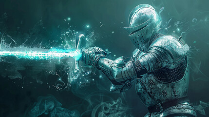 Surreal image of a knight in futuristic armor drawing Excalibur from a digital stone, symbolizing a new era of heroism