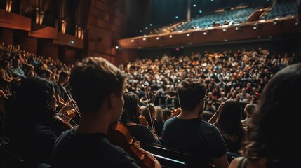 An orchestra performs on stage in front of a large audience in a packed theater.