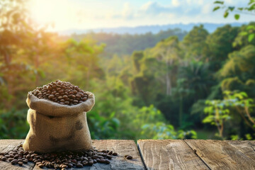 Coffee beans harvest in jute sack back on wooden table with blurry crop farm background, Coffee...