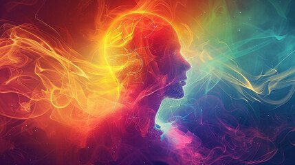 Vibrant illustration of a human enveloped in a phase shift aura, colors and forms swirling in a display of change