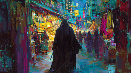 Obraz na płótnie Canvas Vibrant illustration of a cloaked figure navigating through a bustling market, dagger hidden but ever-present