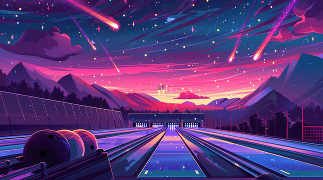 Vibrant illustration of a bowling alley set against a backdrop of a meteor-lit night sky, blending sport with spectacle