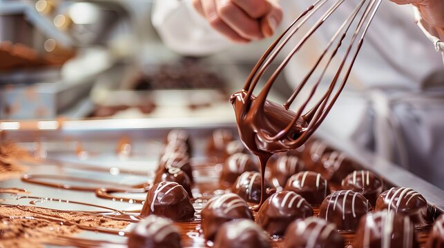 A baker or chocolatier making chocolate bonbons is seen below, whisking melted chocolate and drizzling it onto the counter.