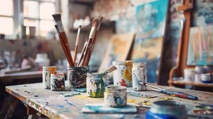 A messy artist's table with paintbrushes, paint cans, and a palette. The background is a blur of colors.