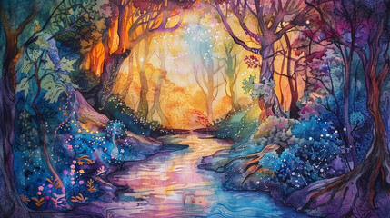 Watercolor depiction of a magical forest, where whimsical beings exchange presents by a glowing river - obrazy, fototapety, plakaty