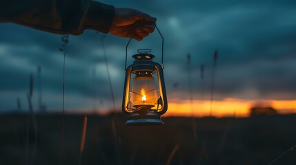 A hand holding a lantern in the tall grass at dusk. The lantern is casting a warm glow on the hand and the grass. - Powered by Adobe