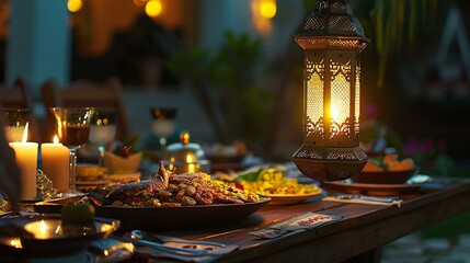 A beautiful table set with a delicious meal, surrounded by candles and a lantern.