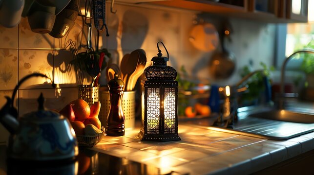 A beautiful kitchen with a lantern on the counter. The lantern is lit and there are oranges and a teapot next to it. The kitchen is warm and inviting.