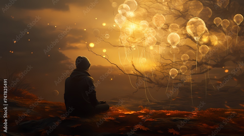 Poster a solitary figure sits in contemplation, surrounded by glowing trees and falling leaves in a surreal