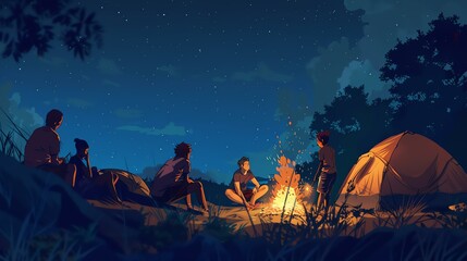 Four friends camping together in the wilderness. They have set up a tent and are sitting around a campfire together, talking and laughing. - obrazy, fototapety, plakaty
