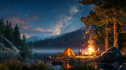 The image is a beautiful landscape of a lake and mountains at night. The sky is full of stars and there is a campfire burning on the shore.