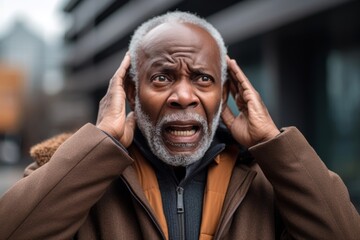 
A senior African American man grimacing while blocking his ears from the relentless urban clamor, highlighting the impact of noise pollution on different demographics. - obrazy, fototapety, plakaty