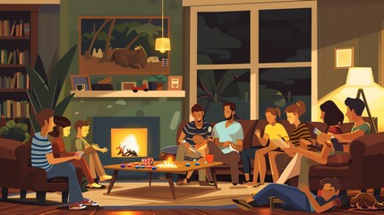 A group of friends are sitting around a coffee table in a living room, playing games and talking.