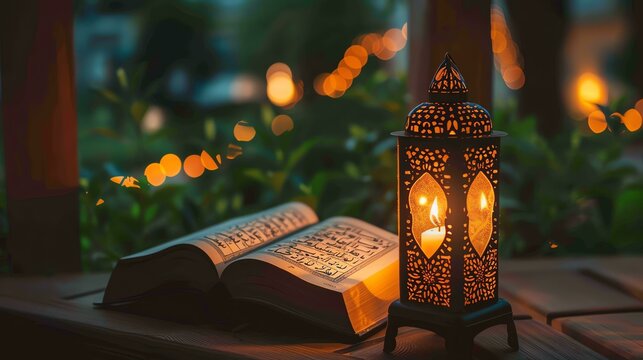 A beautiful image of an open book with a candle lantern beside it.
