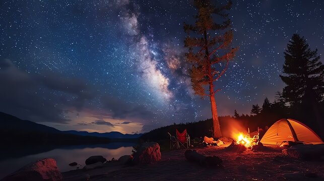 The stunning night sky is filled with stars, and the Milky Way is clearly visible. A bonfire burns on a lakeshore, and a tent is pitched nearby.