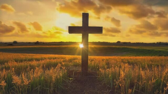 Good friday animation footage. A wooden cross standing prominently on a path in a natural landscape.