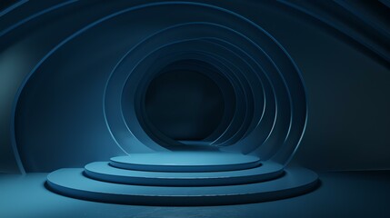 3D rendering of a blue podium with a circular tunnel in the background. The podium is made of shiny material and is lit by a spotlight.