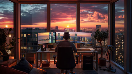 Young Professional in Innovative Remote Workspace: Modern Desk, Dual Monitors, Video Call, City Sunset View, Professional at a glass-topped desk with dual monitors on a video call, urban apartment.
