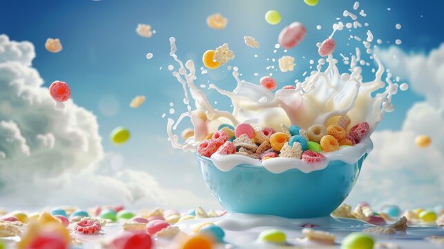 energetic display of breakfast cereals, featuring a mix of cornflakes and marshmallows, seemingly exploding from an orange bowl