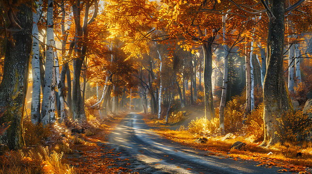 Autumns Enchantment in a Sunlit Forest, Golden Path Through Vibrant Trees, Seasonal Beauty with Bright Foliage, Serene Walkway in Natures Warm Embrace, Tranquil Outdoor Scenery with Sunbeams